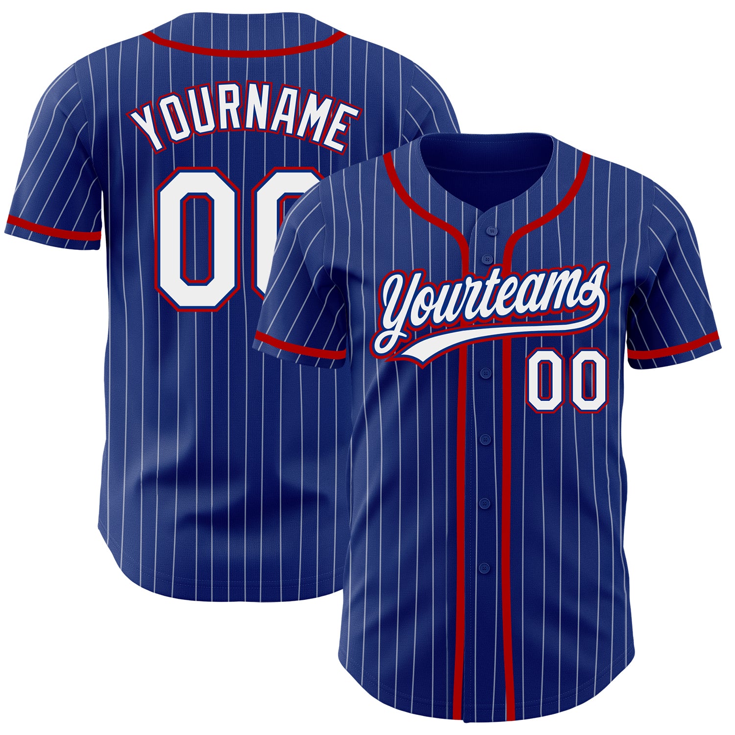 Personalized Red Authentic Baseball Jersey with Royal White Pinstripe Design Personalized Royal White Pinstripe Red Authentic