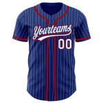Personalized Red Authentic Baseball Jersey with Royal White Pinstripe Design Personalized Royal White Pinstripe Red Authentic