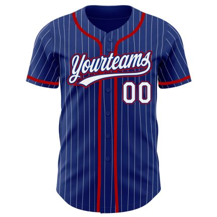 Personalized Red Authentic Baseball Jersey with Royal White Pinstripe Design Personalized Royal White Pinstripe Red Authentic