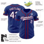 Personalized Red Authentic Baseball Jersey with Royal White Pinstripe Design Personalized Royal White Pinstripe Red Authentic