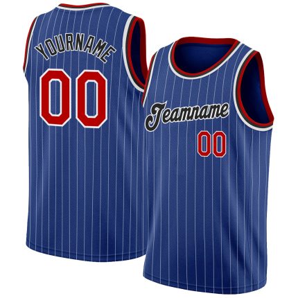 Custom Authentic Basketball Jersey with Personalized Name and Number - Royal White Pinstripe Red-Black Design Personalized