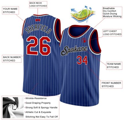 Custom Authentic Basketball Jersey with Personalized Name and Number - Royal White Pinstripe Red-Black Design Personalized