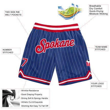 Custom Name and Number Red-White Authentic Basketball Shorts - Personalized Royal White Pinstripe Design Personalized Royal