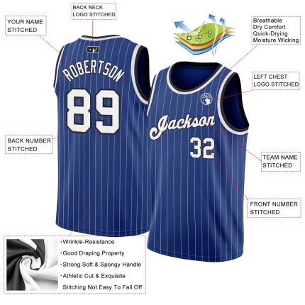 Custom Authentic Basketball Jersey - Personalized Royal White Pinstripe with Team Name & Number - White-Black Personalized