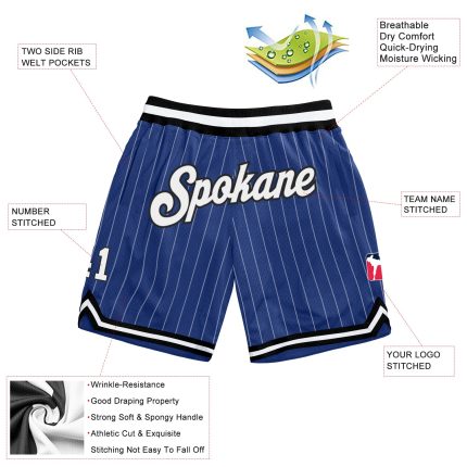 Custom Name and Number Personalized Royal White Black Pinstripe Basketball Shorts Authentic Personalized Royal White Pinstripe