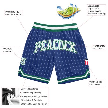 Personalized Custom Basketball Shorts with Team Name and Number - Royal White Pinstripe, White & Kelly Green Authentic Design
