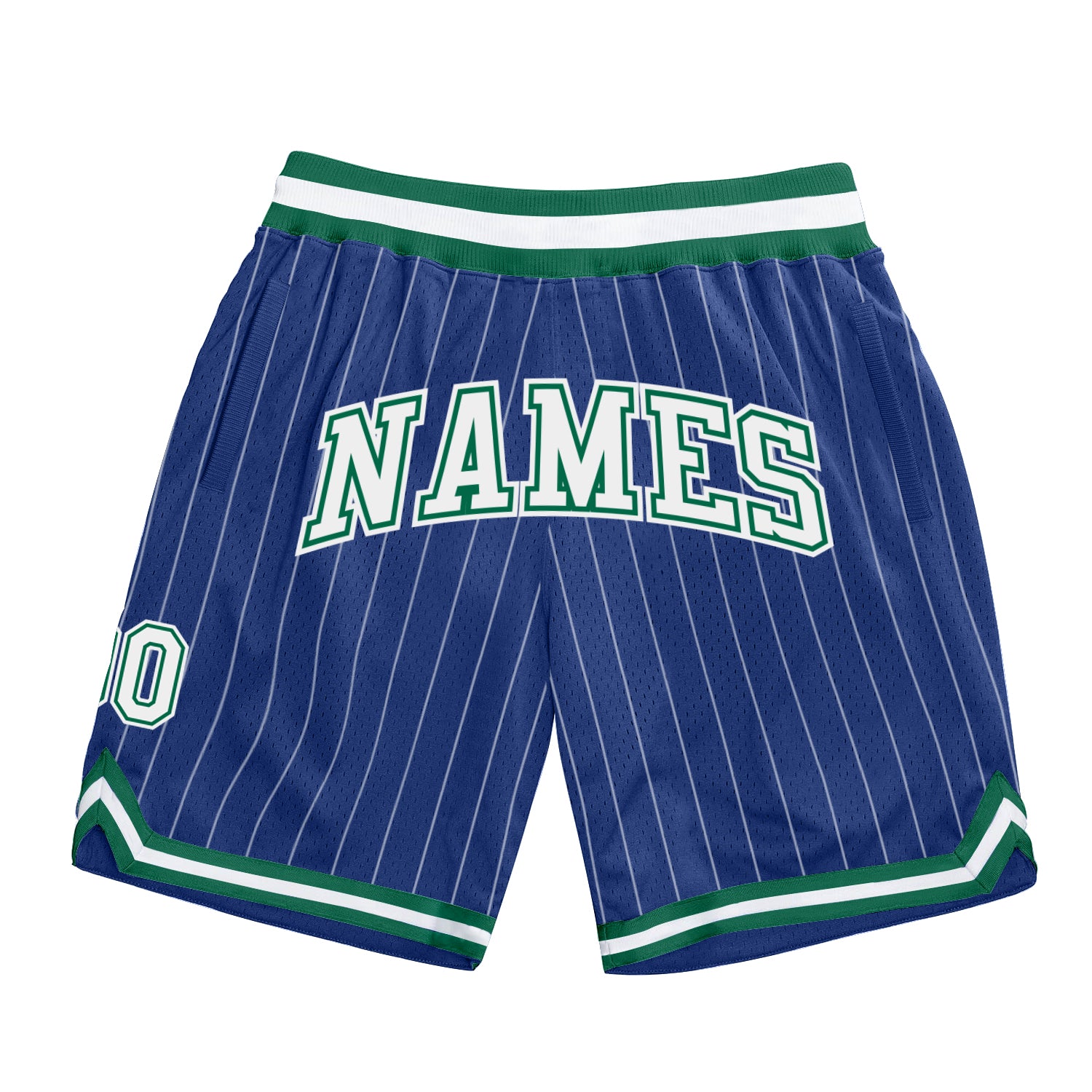 Personalized Custom Basketball Shorts with Team Name and Number - Royal White Pinstripe, White & Kelly Green Authentic Design