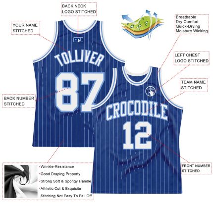 Custom Personalized Authentic Basketball Jersey - Royal White Pinstripe with Light Blue - Team Name & Number Personalized