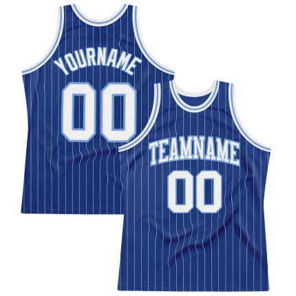 Custom Personalized Authentic Basketball Jersey - Royal White Pinstripe with Light Blue - Team Name & Number Personalized