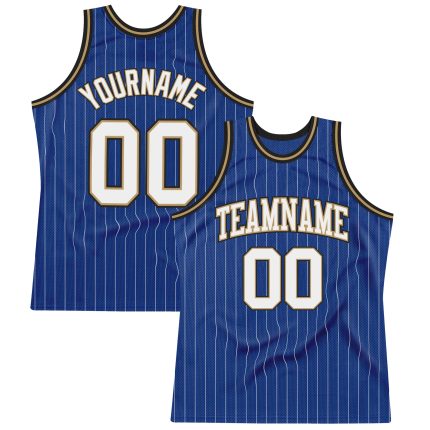 Personalized Custom Basketball Jersey with Name and Number - Royal White Pinstripe Black Gold Design Personalized Royal White
