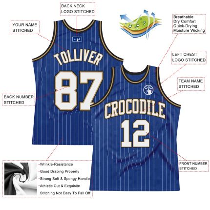 Personalized Custom Basketball Jersey with Name and Number - Royal White Pinstripe Black Gold Design Personalized Royal White