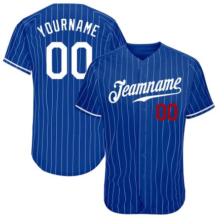 Personalized White-Red Authentic Baseball Jersey - Royal White Pinstripe Design Personalized Royal White Pinstripe White-Red
