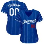 Personalized White-Red Authentic Baseball Jersey - Royal White Pinstripe Design Personalized Royal White Pinstripe White-Red