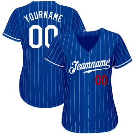 Personalized White-Red Authentic Baseball Jersey - Royal White Pinstripe Design Personalized Royal White Pinstripe White-Red