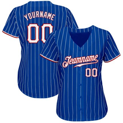 Custom Name and Number Authentic Baseball Jersey - Personalized Royal White Red Pinstripe Design Personalized Royal White