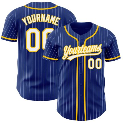 Personalized Custom Name Number Yellow Authentic Baseball Jersey - Royal White Pinstripe Design Personalized Royal White