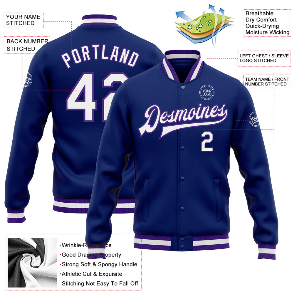 Personalized Royal White-Purple Bomber Full-Snap Varsity Letterman Jacket Team Custom Name and Number Custom Name and Number Bomber Varsity Letterman Jacket - Personalized Royal White Purple Design Personalized Royal White-Purple - Image 3