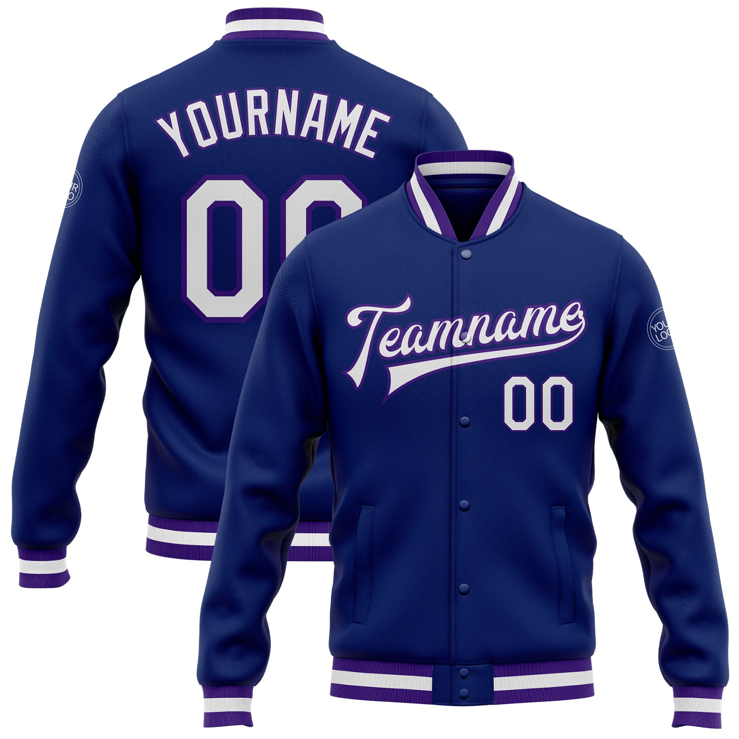 Custom Name and Number Bomber Varsity Letterman Jacket - Personalized Royal White Purple Design Personalized Royal White-Purple