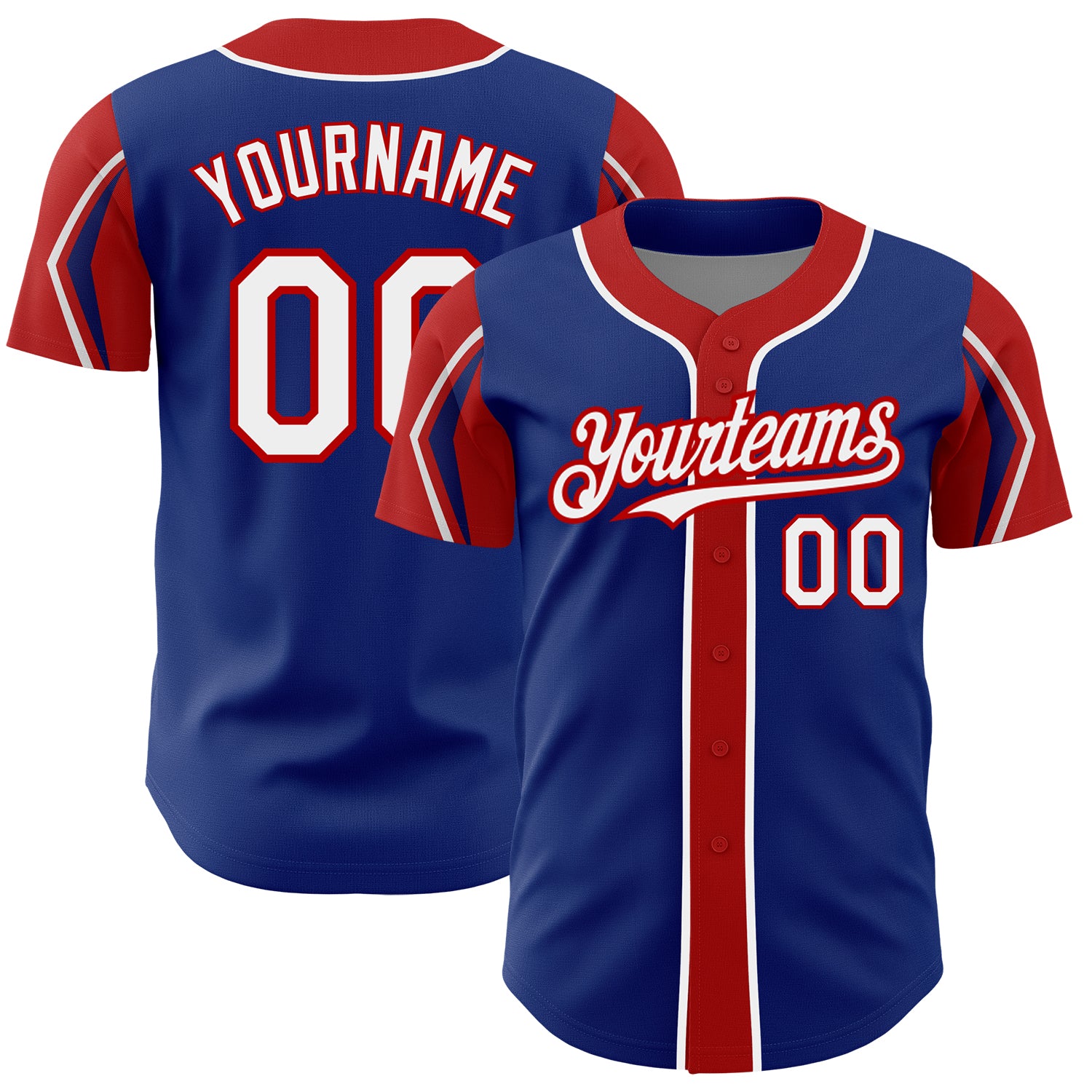 Custom Name and Number Authentic Baseball Jersey - Personalized Royal White-Red Colors, 3 Arm Shapes Personalized Royal White-Red