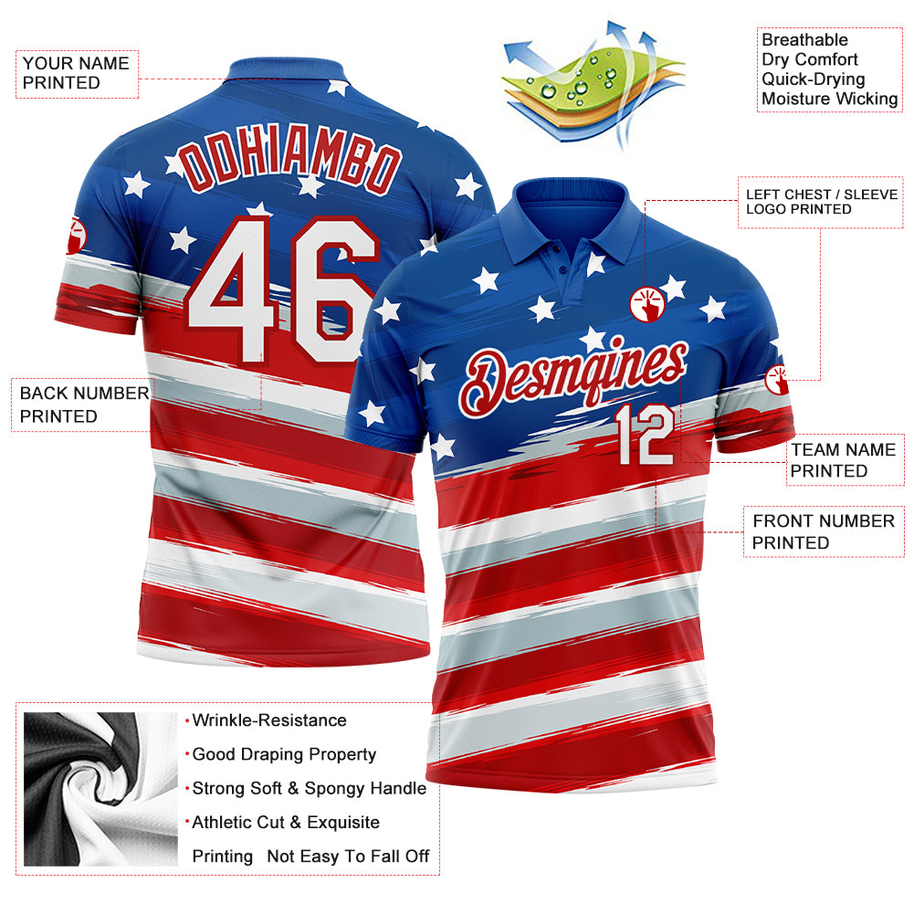 Personalized Royal White-Red 3D American Flag Performance Golf Polo Shirt Team Custom Name and Number Custom Name and Number 3D American Flag Golf Polo Shirt - Personalized White-Red Performance Team Shirt Personalized Royal - Image 3