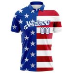 Personalized 3D American Flag Golf Polo Shirt with Custom Name and Number - Royal White Red Performance Team Apparel Personalized