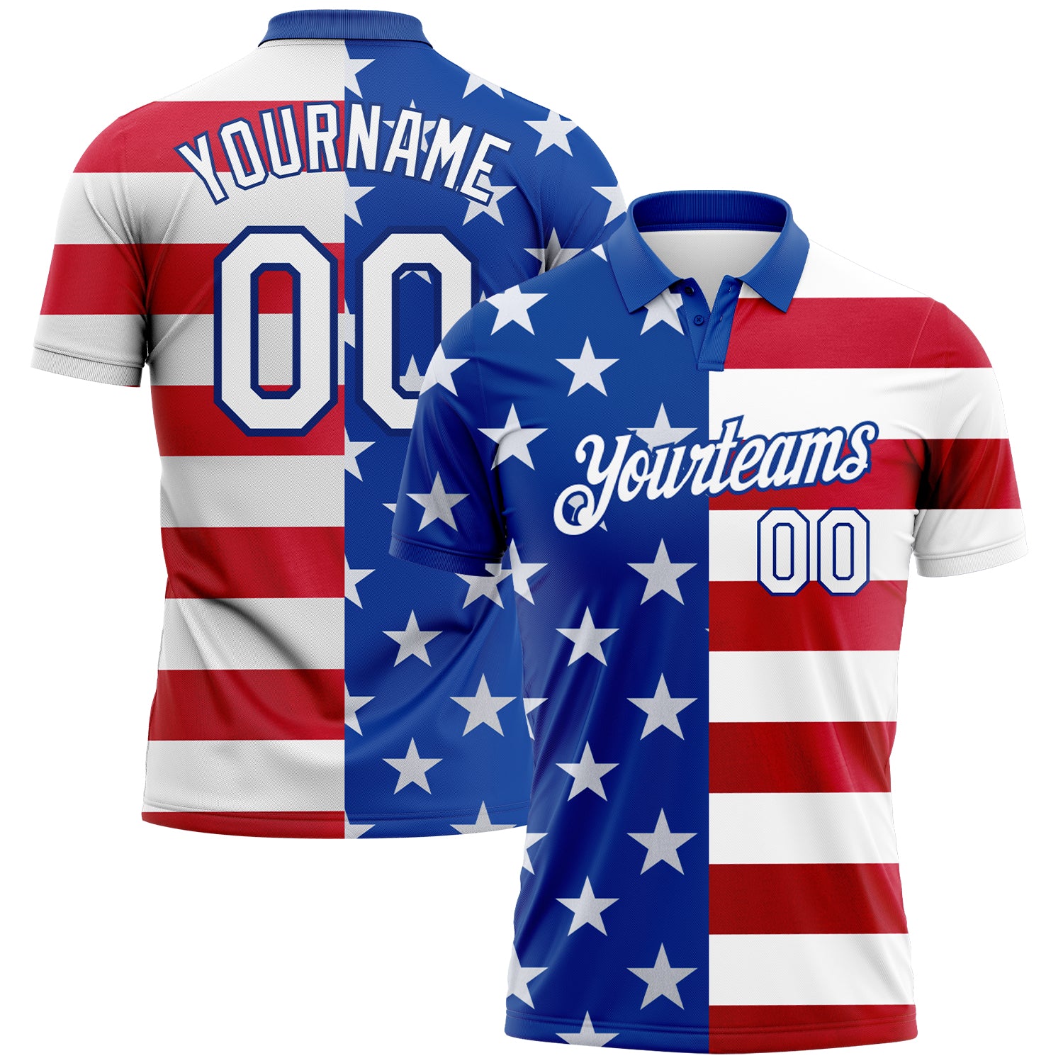 Personalized 3D American Flag Golf Polo Shirt with Custom Name and Number - Royal White Red Performance Team Apparel Personalized