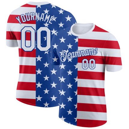 Custom 3D American Flag Performance T-Shirt with Personalized Name and Number - Royal White-Red Personalized Royal White-Red