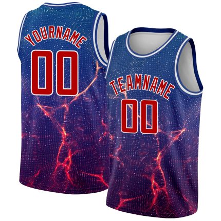 Personalized Abstract Basketball Jersey with Custom Name and Number, Royal White-Red 3D Pattern, Violet Wave Design Personalized