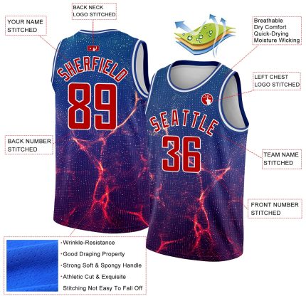 Personalized Abstract Basketball Jersey with Custom Name and Number, Royal White-Red 3D Pattern, Violet Wave Design Personalized