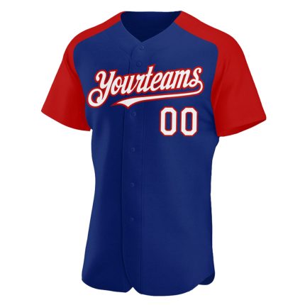 Custom white and red raglan sleeve baseball jersey, back view