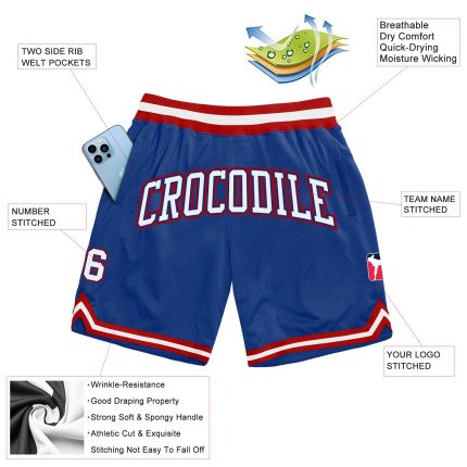Personalized Authentic Basketball Shorts - Royal White-Red Throwback Style Personalized Royal White-Red Authentic Throwback