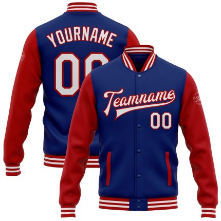 Personalized Royal and Red Varsity Letterman Bomber Jacket - Full-Snap Two Tone Style Personalized Royal White-Red Bomber