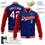 Personalized Royal and Red Varsity Letterman Bomber Jacket - Full-Snap Two Tone Style Personalized Royal White-Red Bomber