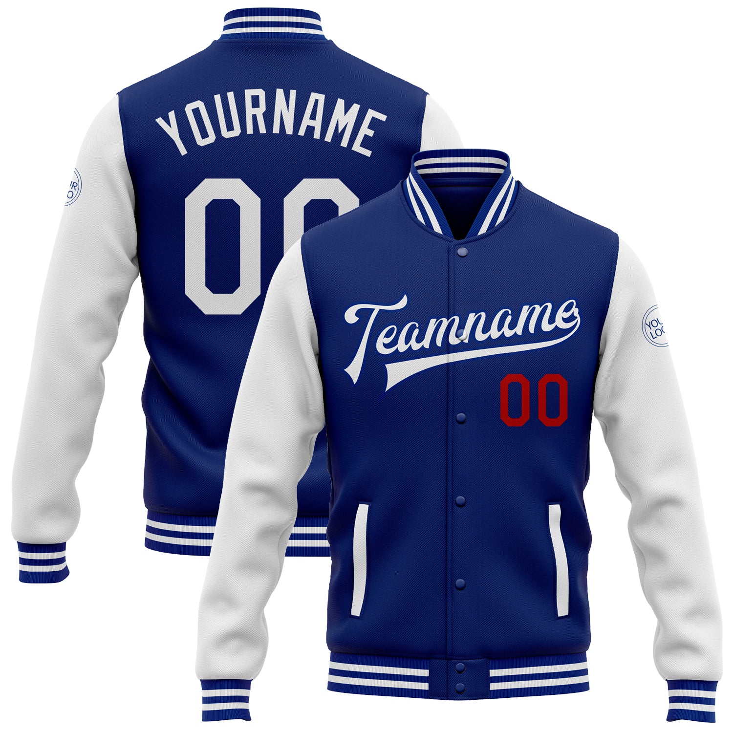 Custom Name and Number Two Tone Bomber Jacket - Royal White-Red Varsity Letterman Full-Snap Team Jacket Personalized Royal