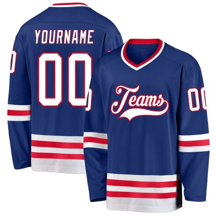 Custom Name and Number Personalized Royal White-Red Hockey Jersey for Teams Personalized Royal White-Red Hockey Jersey Team