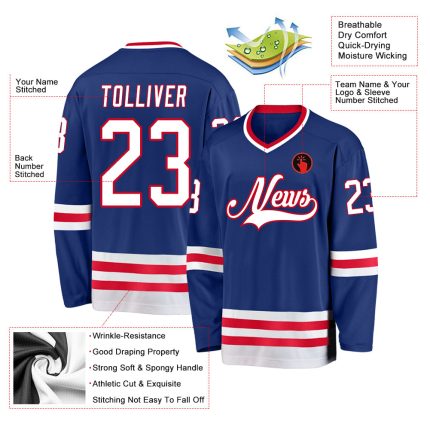 Custom Name and Number Personalized Royal White-Red Hockey Jersey for Teams Personalized Royal White-Red Hockey Jersey Team