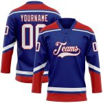 Custom Name and Number Personalized Royal White-Red Hockey Jersey Lace Neck Team Personalized Royal White-Red Hockey Lace