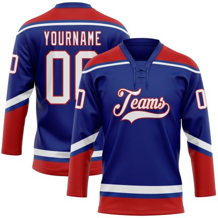 Custom Name and Number Personalized Royal White-Red Hockey Jersey Lace Neck Team Personalized Royal White-Red Hockey Lace