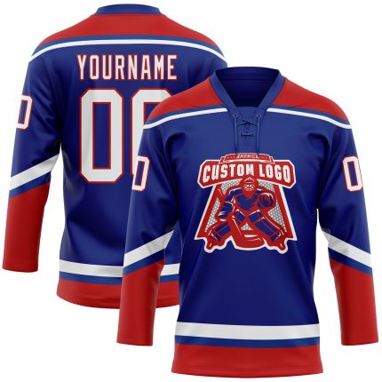 Custom Name and Number Personalized Royal White-Red Hockey Jersey Lace Neck Team Personalized Royal White-Red Hockey Lace