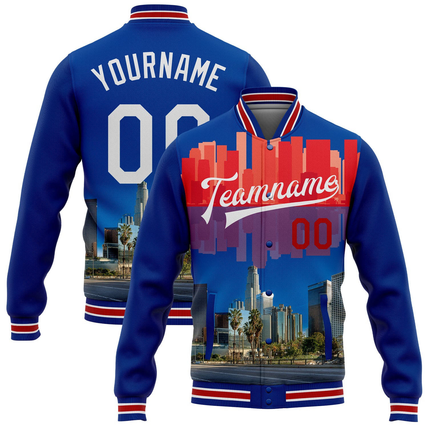 Personalized Los Angeles City Edition 3D Bomber Varsity Jacket - White-Red, Custom Name & Number, Full-Snap Letterman Jacket
