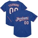 Personalized Authentic Throwback Baseball Jersey - Royal White and Red Mesh Design Personalized Royal White-Red Mesh Authentic