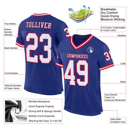 Personalized Authentic Throwback Football Jersey - Royal White-Red Mesh Design Personalized Royal White-Red Mesh Authentic