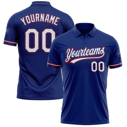 Personalized Performance Vapor Golf Polo Shirt - Royal White-Red, Perfect for Stylish Play Personalized Royal White-Red Performance