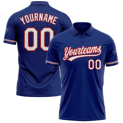 Custom Name and Number Personalized Royal White-Red Performance Golf Polo Shirt Personalized Royal White-Red Performance
