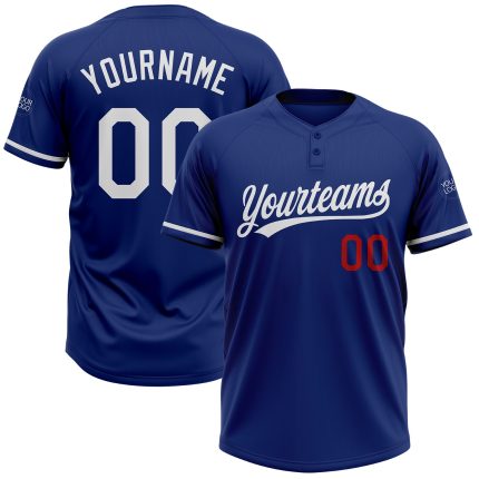 Custom Name and Number Personalized Unisex Softball Jersey - Royal White-Red Two-Button Design Personalized Royal White-Red