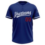 Custom Name and Number Personalized Unisex Softball Jersey - Royal White-Red Two-Button Design Personalized Royal White-Red
