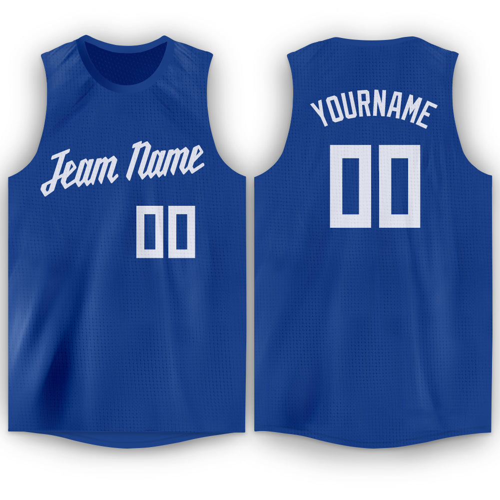 Personalized Royal White Basketball Jersey for Men and Women - Round Neck Design Personalized Royal White Round Neck Basketball