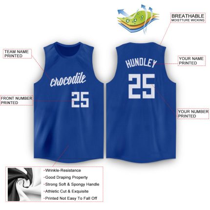 Personalized Royal White Basketball Jersey for Men and Women - Round Neck Design Personalized Royal White Round Neck Basketball