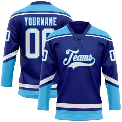 Custom Name Number Personalized Royal White-Sky Blue Hockey Jersey Lace Neck Team Apparel Personalized Royal White-Sky Blue