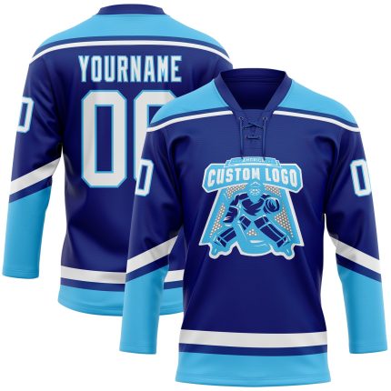 Custom Name Number Personalized Royal White-Sky Blue Hockey Jersey Lace Neck Team Apparel Personalized Royal White-Sky Blue